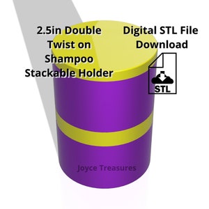 May include: A digital 3D model STL file download for a 2.5 inch double twist on shampoo stackable holder. The holder is purple with a yellow band and the text "Joyce Treasures" on the bottom.