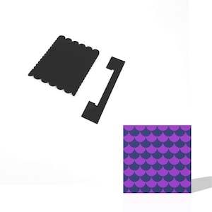 May include: A black paper cutout of a mermaid tail with a scalloped edge. A black paper cutout of a handle is also included. A purple and navy blue patterned paper with a mermaid scale design is shown in the background.