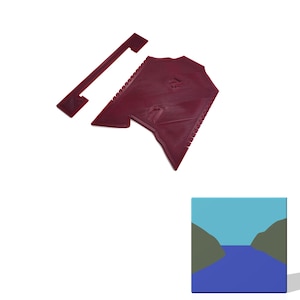 May include: A burgundy plastic scraper tool with a handle and a serrated edge. The scraper is designed for removing excess grout or adhesive from tile.