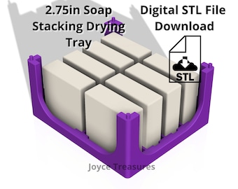 May include: A purple soap stacking drying tray, holding several rectangular bars of soap. The tray is designed for 2.75in soaps. The image also includes a digital STL file download icon.