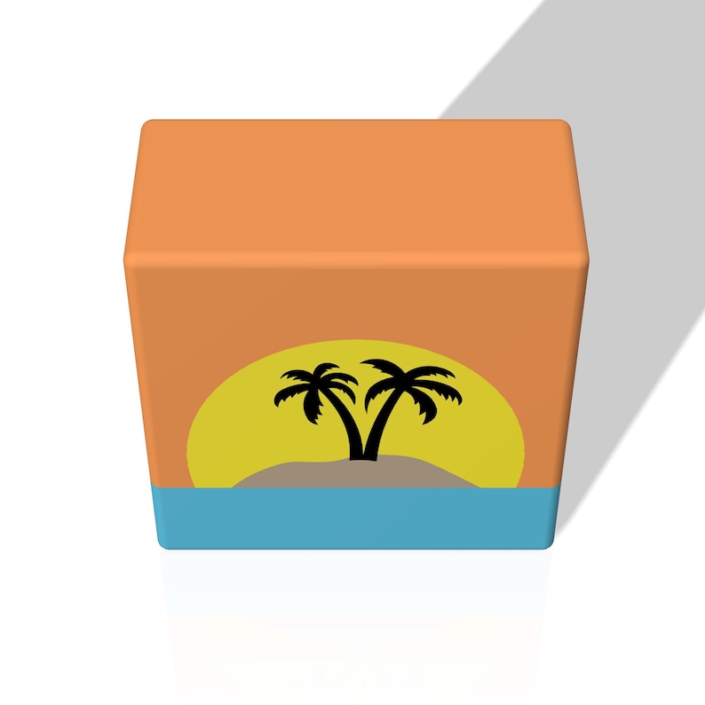 May include: A square box with a sunset scene featuring two palm trees on an island. The box is orange with a yellow sun and blue water.