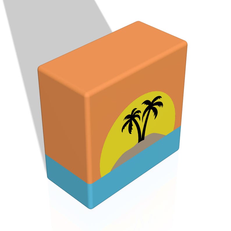 May include: A 3D rendering of a box with a sunset scene. The box is orange with a blue bottom. The sunset is yellow with two black palm trees on a small brown island.