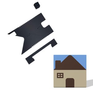 May include: A black multi-tool card with serrated edges and numbered markings, a small black rectangular component, and a square tile featuring a graphic illustration of a house with a brown roof, tan walls, a chimney, and a blue sky background.