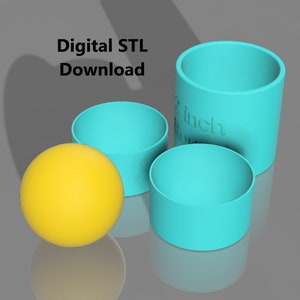 May include: A digital download of 3D printable STL files for a set of three teal-colored cylindrical containers and a yellow sphere. The largest container has the text "2 inch" printed on the side.