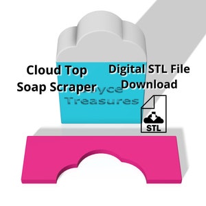 Pode incluir: Download de arquivo STL digital para um raspador de sabão imprimível em 3D com uma parte superior em forma de nuvem. O arquivo está disponível para download no site "Soaperyce Treasures".
