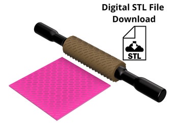 May include: A brown and black rolling pin with a textured surface. The rolling pin is on a pink square with a repeating pattern. Digital STL File Download.