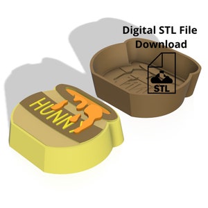 May include: A 3D printable model of a honey pot with the word "HUNNY" on the front. The model is in two parts, a top and a bottom, and is available for digital download as an STL file.