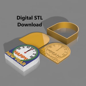 Puede incluir: Una descarga digital de un modelo 3D imprimible de una esfera de reloj con las palabras "Happy New Year" en ella. La esfera del reloj es amarilla con números romanos negros y una aguja de hora roja. El modelo está disponible en formato STL.