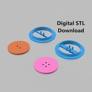 Peut inclure: Téléchargement STL numérique pour une machine à boutons imprimée en 3D. L'image montre deux moules imprimés en 3D bleus, l'un avec deux trous et l'autre avec quatre trous, et deux boutons, l'un orange et l'autre rose.
