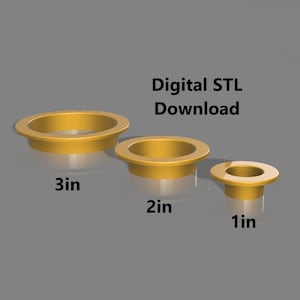 May include: Three gold-colored metal rings of different sizes. The rings are 3 inches, 2 inches, and 1 inch in diameter. The text "Digital STL Download" is above the rings.