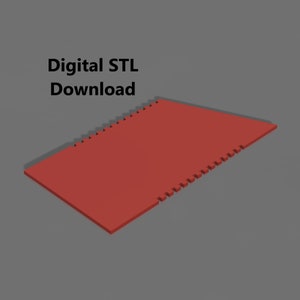 May include: A red digital STL download file. The file is represented by a red, rectangular shape with a jagged edge.