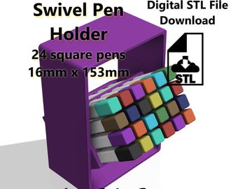 May include: A purple swivel pen holder designed to hold 24 square pens. The holder is labeled with the dimensions of the pens, which are 16mm x 153mm. The image also includes the text "Digital STL File Download" and an STL file icon.