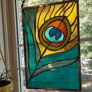 Stained Glass Peacock Feather, Window Hanging, Bird Feather