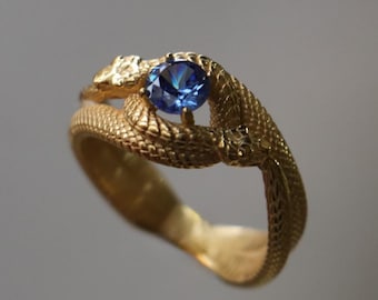 Bague Ouroboros tanzanite plaquée or, bague serpent en argent sterling, bijoux gothiques
