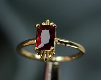 Emerald Cut Ruby Gold Plated Ring, Sterling Silver Band