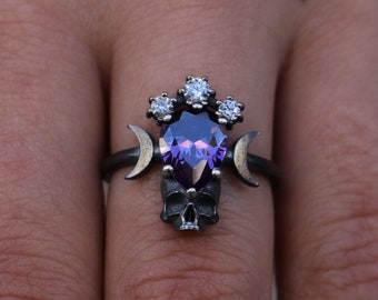Handmade Amethyst Skull Ring, Oxidized 925 Silver, Hecate Moon Goddess