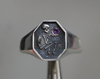 Amethyst Halloween Dead Man's Ring, Skeleton İn The Grave, Amethyst Men's Ring, 925 Silver Memento Mori Ring, Skeleton Amethyst 925 Ring