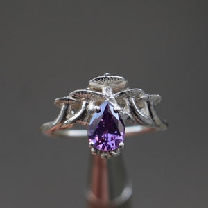 925 Silver Amethyst Mushroom Ring, Drop Amethyst Antique Style Floral Jewelry, Nature Inspired Toadstool Ring, Sterling Silver Mushroom Ring