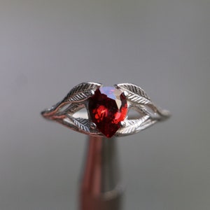 Vintage Pear Red Ruby Engagement Ring, 14k White Gold, Twig Leaf Floral Antique Unique Cluster Diamond Bridal Wedding, Valentine&#39;s Day Gift