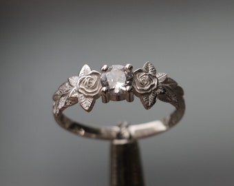 925 Silver Rose and Leaf Ring, Rose 14k Gold Plated Ring, Moissanite Silver Ring, Rose Engagement Ring, 0.50 Carat Moissanite Leaf Plated