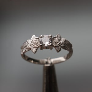 925 Silver Rose and Leaf Ring, Rose 14k Gold Plated Ring, Moissanite Silver Ring, Rose Engagement Ring, 0.50 Carat Moissanite Leaf Plated