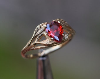 Zweig Rubin Ring vergoldet, Baumring, Zweig 925 Silberring, Blatt 925 Silberring, Blume 925 Silberring, Pflanzen 925 Silberring, Gold