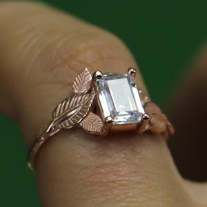 Emerald Cut Moissanite Rose Gold Ring, Engagement Rose Gold Ring, Rose Gold Emerald Ring, Valentines day Gift,  Leaf Engagement Ring