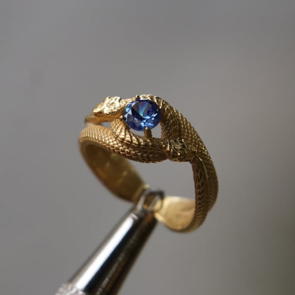 Gold Plated Tanzanite 925 Sterling Silver Ouroboros Ring, Emerald Gold Plated Snake Silver Ring,  Oxidized Silver Ring, Goth Snake Jewelry