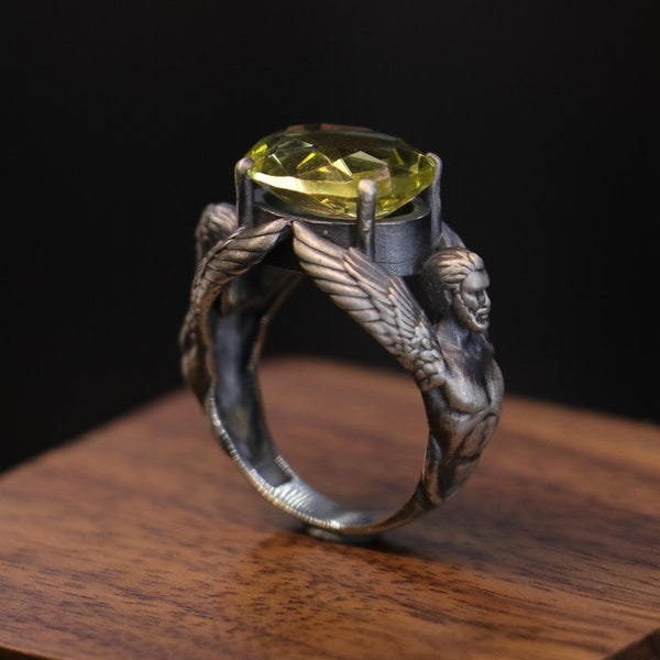 Quartz Stone 925 Silver Wings Ring, Eros Quartz 925 Silver Ring, Eros Cupid Silver Ring, Ancient Greek Jewelry Ring, Mythology Unique Design