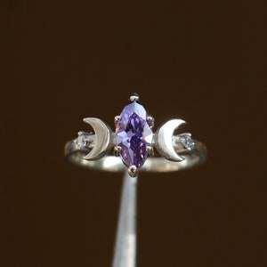 Marquise Amethyst Triple Moon Sterling Silver Ring, Handmade Solid Statement, Hecate Ring, Anniversary Amethyst Dainty Ring, Amethyst Ring