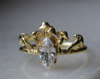 Gold Plated Mushroom Moissanite Ring, 925 Silver, Handmade