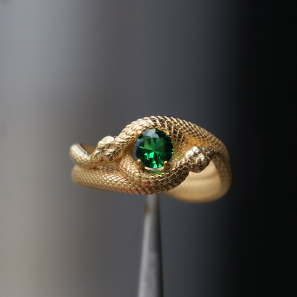 Gold Plated 925 Sterling Silver Ouroboros Ring, Emerald Gold Plated Snake Silver Ring, Onyx Snake Oxidized Silver Ring, Goth Snake Jewelry