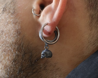 Handmade Oxidized 925 Silver Skull Hoop Earring, Minimalist Jewelry