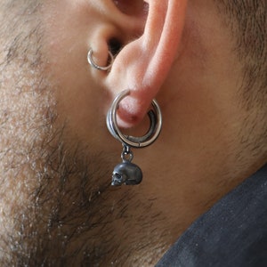 Handmade Oxidized 925 Silver Skull Hoop Earring, Minimalist Jewelry