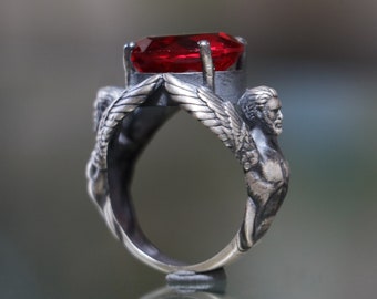 Oxidized 925 Silver Wings Ring, Ruby 925 Silver Wings Men Ring, Eros Gemstone 925 Silver Men Ring, Unique Men Ring, Ruby Ancient Greek Ring