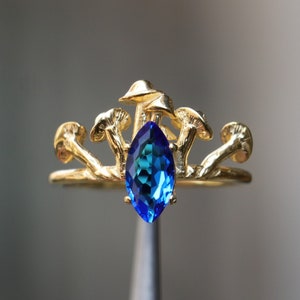 925k Sterling Silver Gold Plated Mushroom Marquise Sapphire Ring, Silver Magic Mushroom Jewelry, Oyster Mushroom Ring, Gold Sapphire Ring image 1