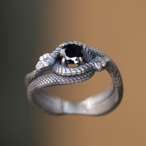 Handmade Oxidized Snake Ring, Onyx & Tanzanite Silver Jewelry