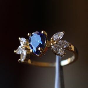 14k Gold Plated Sapphire and Moissanite Ring, Pear Cut Sapphire Ring, Multi Stone Ring, Dainty Ring, Pear Sapphire Ring, Blue Sapphire Ring