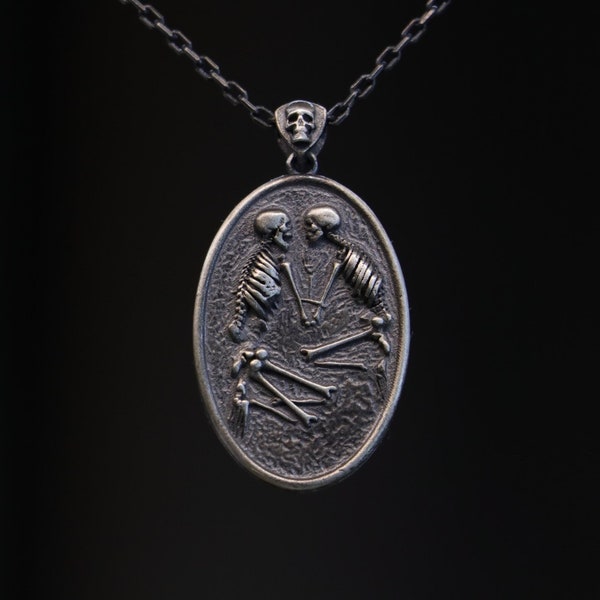 Memento Mori Pendant, 925 Oxidized Silver Gift Necklace For Men, Skeleton Pendant, Lovers Grave Pendant, Couple Skull Necklace,Dead Necklace