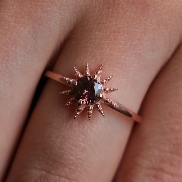 Handmade Brown Moissanite Sun Ring, Rose Gold Plated Celestial Ring