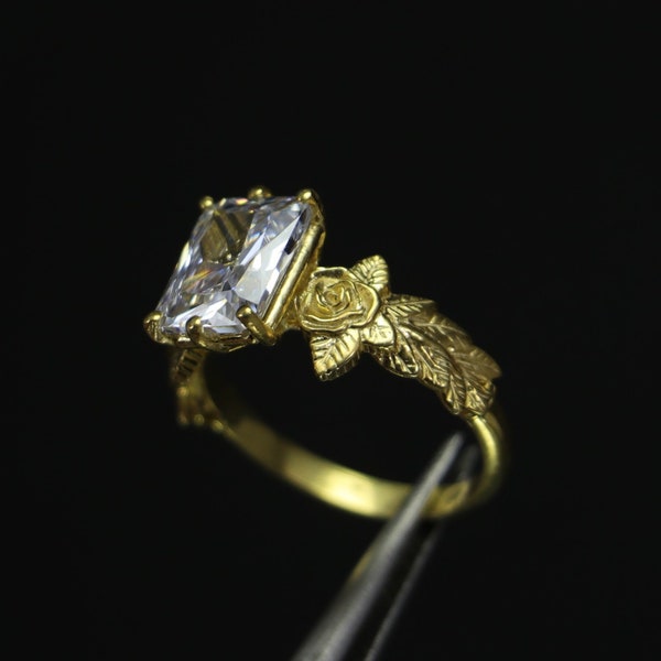 Emerald Cut Moissanite Engagement Ring, Leaf Flowers Rose Moissanite Ring Vvs, Ring Art Deco, 2 Ct Moissanite, 1 Ct Moissanite, 3 Ct Stone