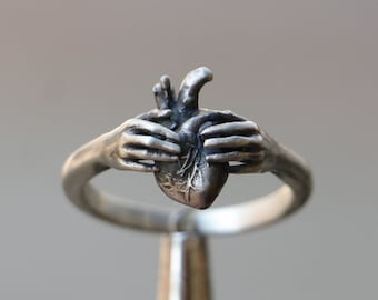 Anatomical Heart and Hands 925 Silver Ring, Unique Silver Ring, 925 Sterling Silver Ring, Your Heart is the Most Important, Halloween