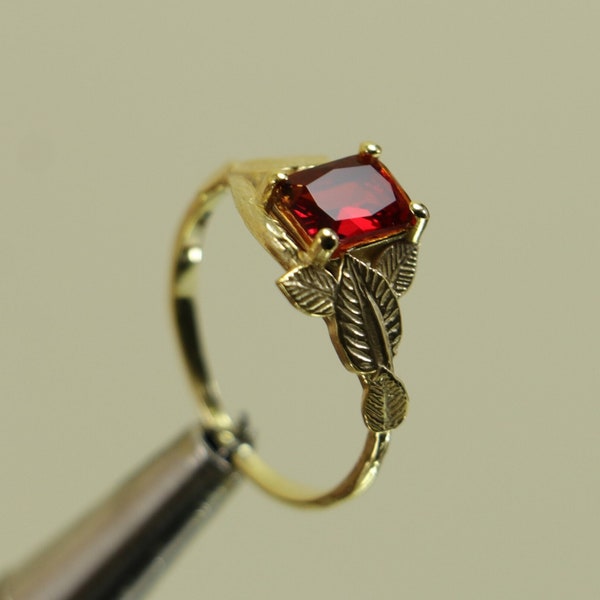 Emerald Cut Ruby Leaf Ring, Sterling Silver Ruby Ring, Gold Plated Ruby Ring, Gold Ruby Ring, Emerald Cut Garnet Ring,Unique Engagement Ring