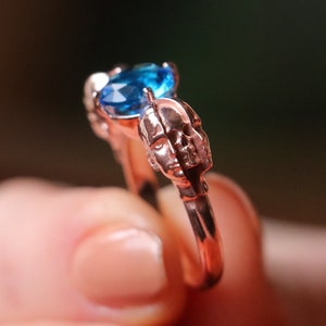 Rose Gold Memento Mori Ring, Blue Topaz Skull Ring, Ring for Witch, Skull Ring for Women, 14k Gold Witch Engagement Ring, Witch Promise Ring