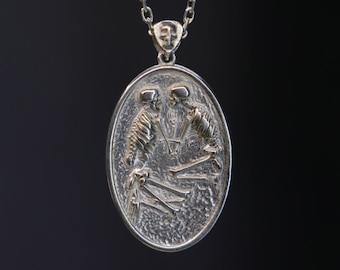 Collier funéraire d'amoureux d'argent 925, collier squelette dans la tombe, collier mort d'Halloween, tombe de couple homme femme, la mort ne peut pas nous séparer