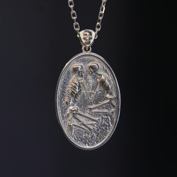 Collier funéraire d'amoureux d'argent 925, collier squelette dans la tombe, collier mort d'Halloween, tombe de couple homme femme, la mort ne peut pas nous séparer