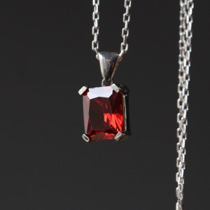 Ruby 925K Sterling Silver Pendant, Emerald Cut Ruby 925 Silver Necklace, Handmade Sterling Silver, Daily Pendant, Minimalist Ruby Necklace