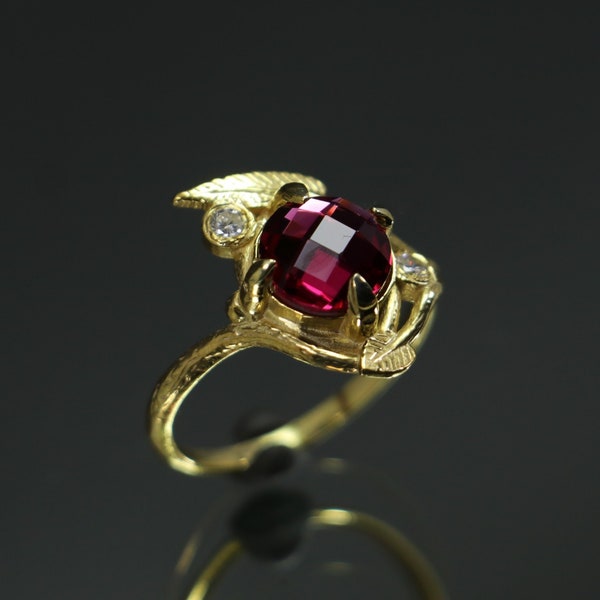 Tree Branch Design Pink Tourmaline and Moissanite Gold Plated Ring, 14k Yellow Gold Tourmaline Ring, Leaf Ring, Tree Ring, Moissanite Ring