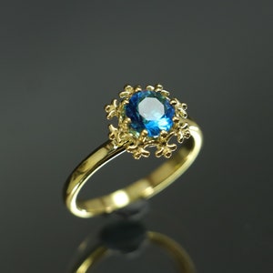 Blue Topaz Engagement Ring, Silver Gold Snowflake Ring, Blue Topaz Wedding Ring, Gold Anniversary Topaz Ring, Blue Topaz Silver Gift Ring