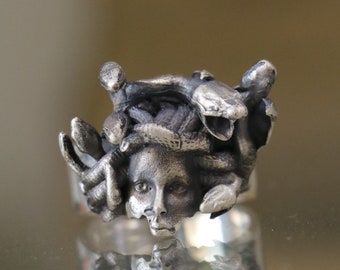 Medusa Silver Ring, Oxidized 925 Silver, Unisex Jewelry